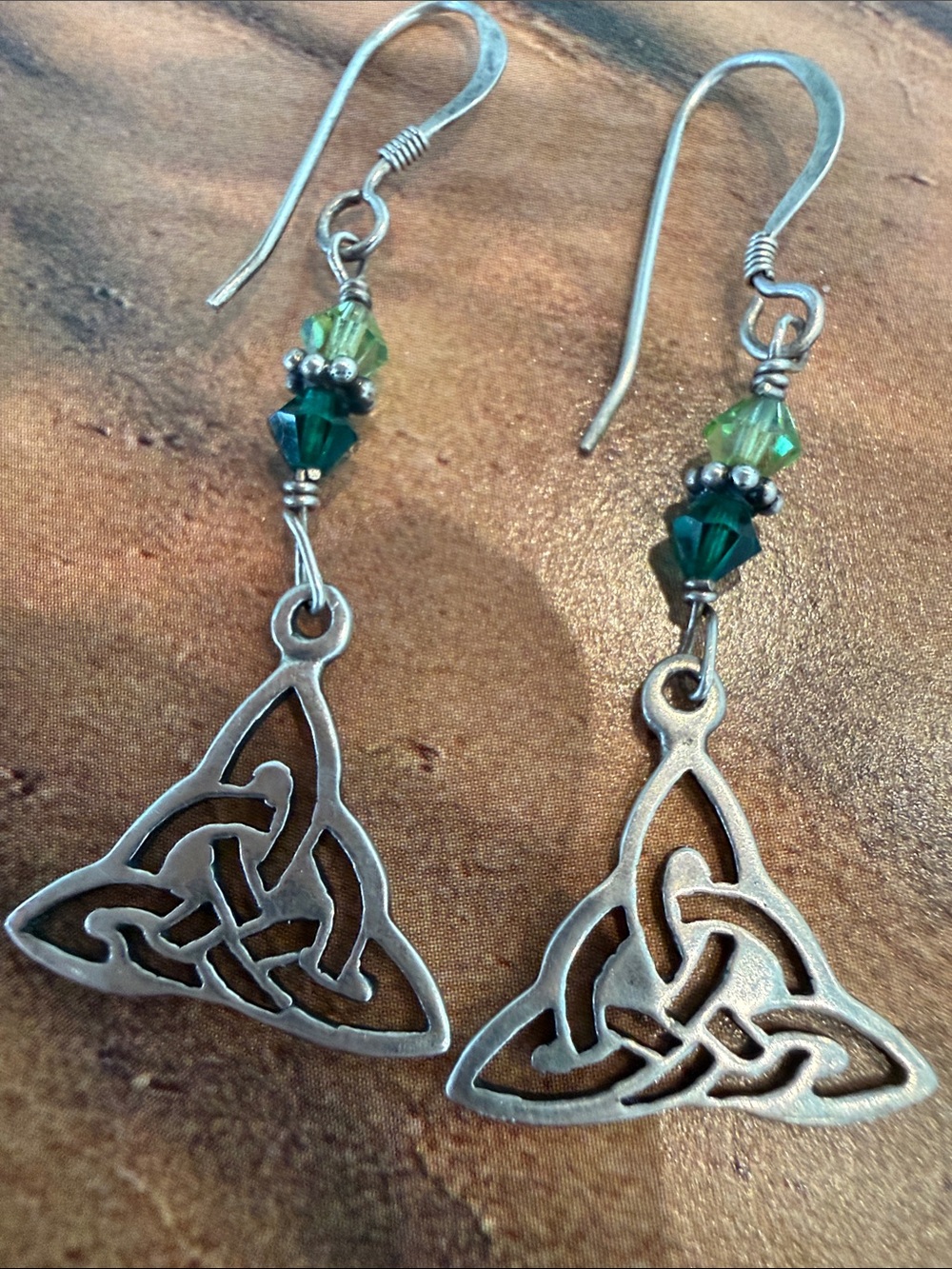 Celtic Knot Dangle Earrings Sterling silver  with Green Crystal Beads